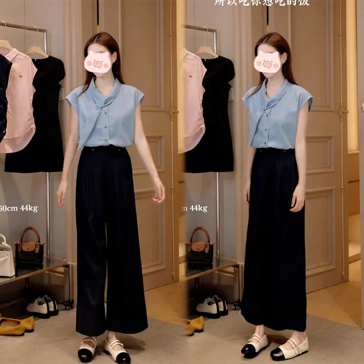 2025年夏季极简穿搭通勤减龄设计翻领上衣搭配高腰休闲裤两件套女