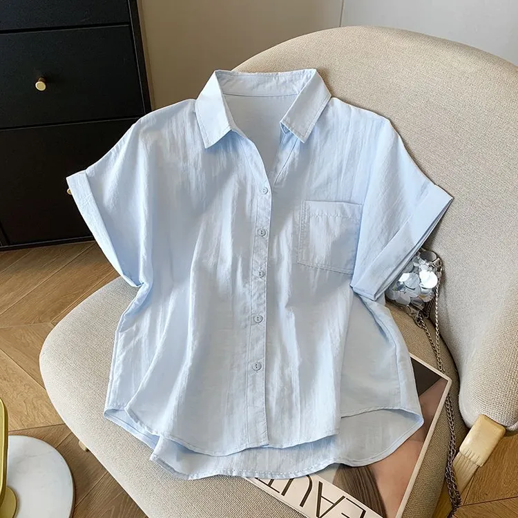 蓝色polo领短袖衬衫女夏季纯棉新款宽松百搭超好看衬衣小个子上衣