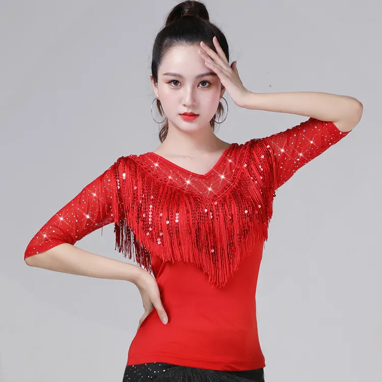拉丁舞服夏季广场舞蹈服装夏新款上衣国标舞摩登舞三步踩跳舞衣