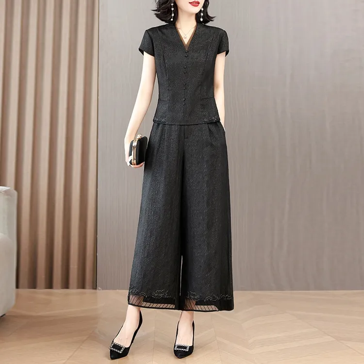 阔腿裤两件套女新款高端套装年轻款妈妈装透气仿真丝上衣桑蚕丝夏