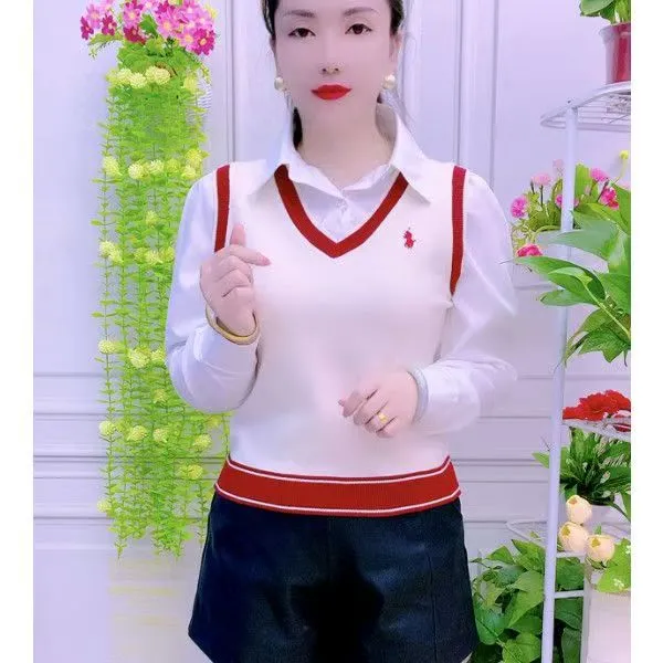 衬衫袖网红女装打底衫韩系时尚短款毛针织衫针织拼接