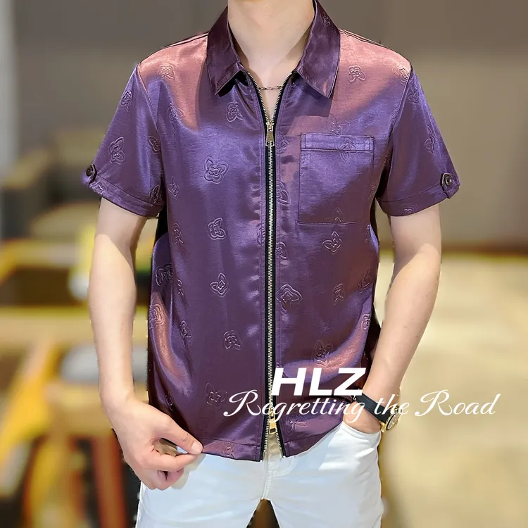 2025夏季新款修身男士休闲个性时尚凹凸感花朵提花双拉链短袖衬衫