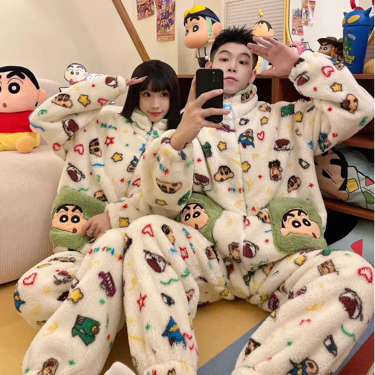 奥美诗嘉蜡笔小新联名情侣睡衣女2025新款秋冬珊瑚绒家居服套装男