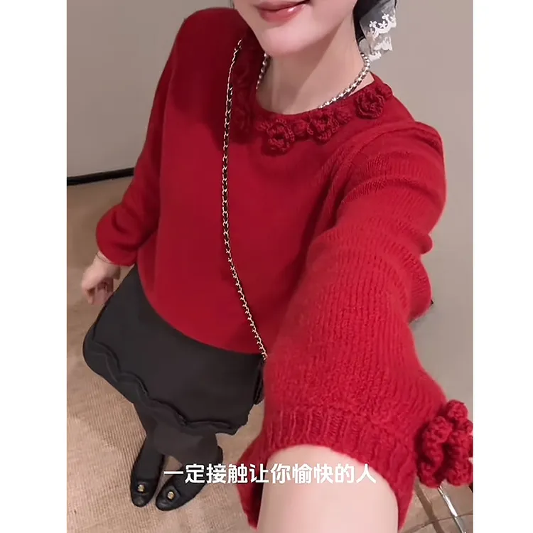超火秋季穿搭一整套女2025新款红色立体花朵针织衫高腰短裙两件套