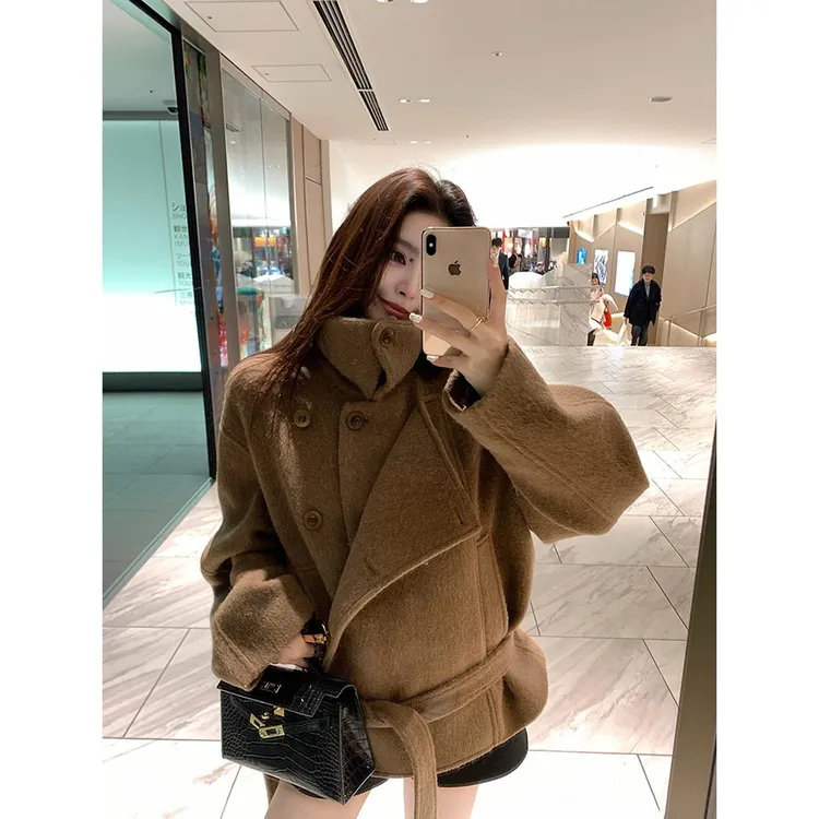 韩系立领短款毛呢外套女2025秋冬新款小个子廓形系带加厚呢子大衣
