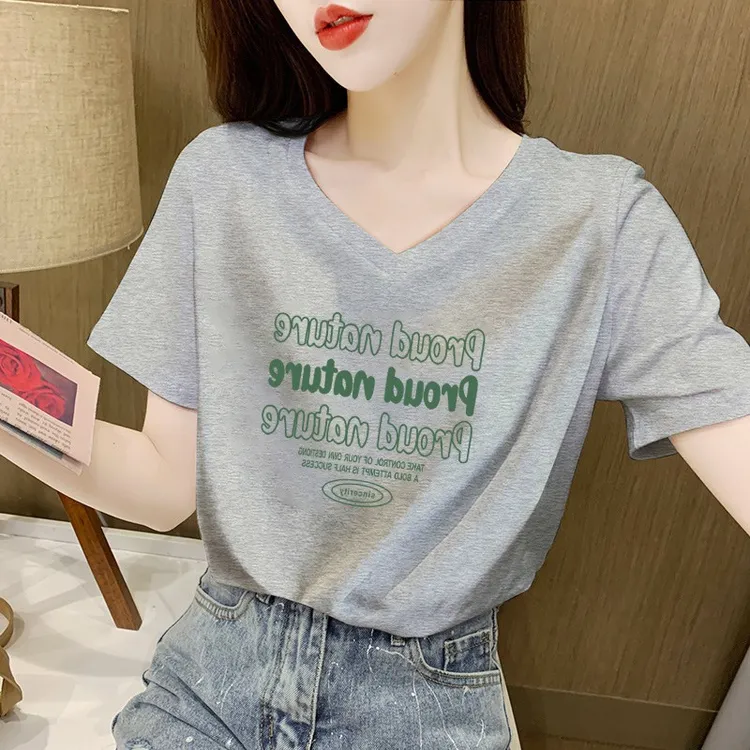 灰色宽松T恤女短袖纯棉2025新款打底衫设计感V领正肩显瘦上衣