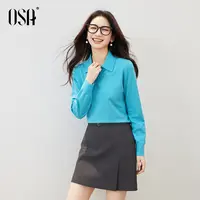OSA/欧莎 复古湖蓝色翻领针织衫女显白慵懒氛围感上衣S125C16020