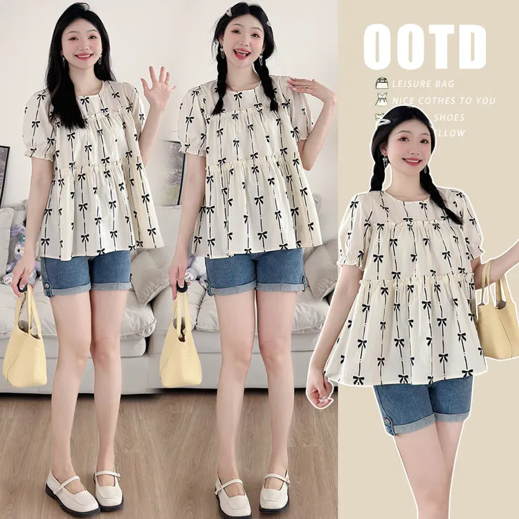 2025新品孕妇装夏季娃娃衫短袖上衣雪纺衫孕妇T恤外出百搭休闲