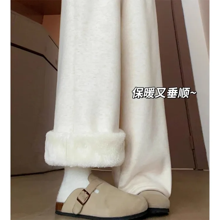 燕麦白糯米裤女秋冬加绒加厚小个子外穿休闲棉裤宽松婴儿绒阔腿裤