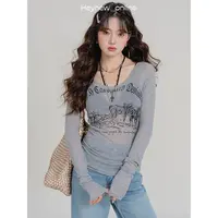 【黑妞年中清清】复古美式字母印花长袖T2025夏季薄款防晒罩衫5X294