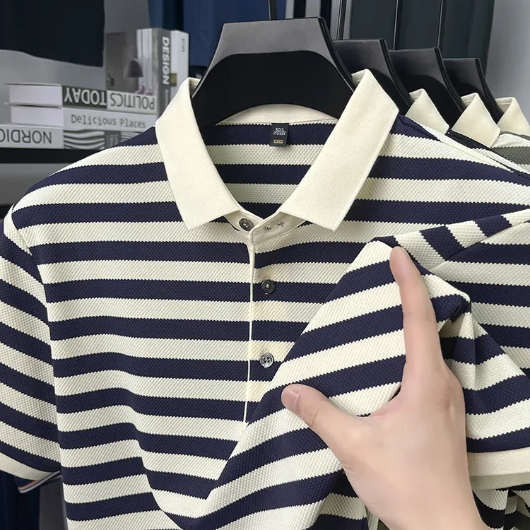 夏季男士丝光棉短袖T恤条纹翻领商务休闲半袖中青年高档POLO衫t恤