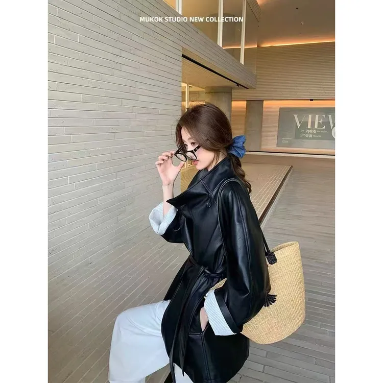 冬款长袖水洗皮系带绑带皮衣网红上衣城市机能风6216加绒加厚