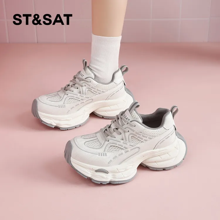 星期六内增高老爹鞋女2026春季新款网面透气松糕厚底休闲小白鞋子