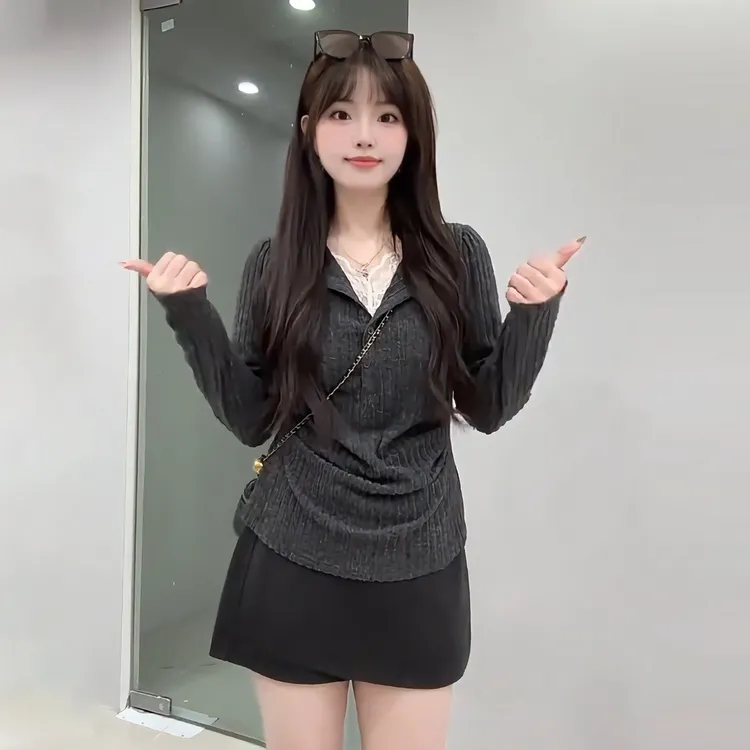 9291大码胖mm显瘦蕾丝V领长袖针织衫秋冬内搭打底衫假两件上衣女