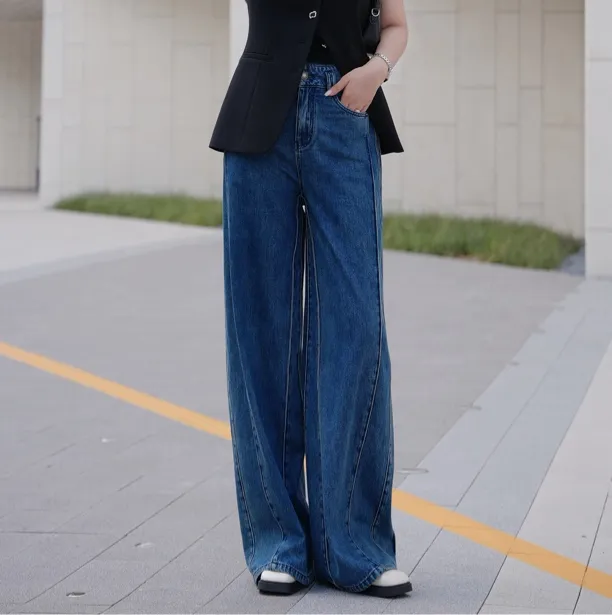 H103315692華家曼2025秋季新款设计感复古蓝高腰牛仔阔腿裤