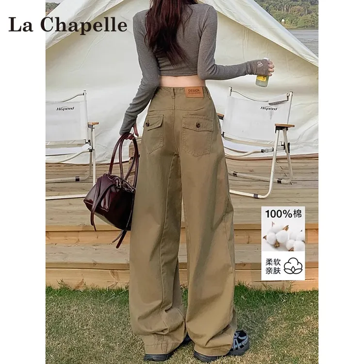 拉夏贝尔高腰窄版工装女爆款2025新款卡其色显瘦纯欲慵懒风女装
