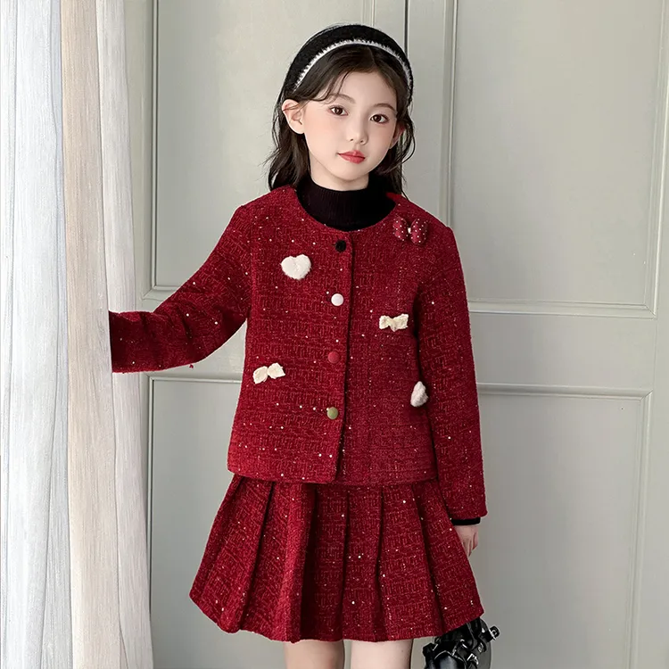 女童小香风套装裙2025冬季夹棉新款大儿童红色女孩加厚年服两件套