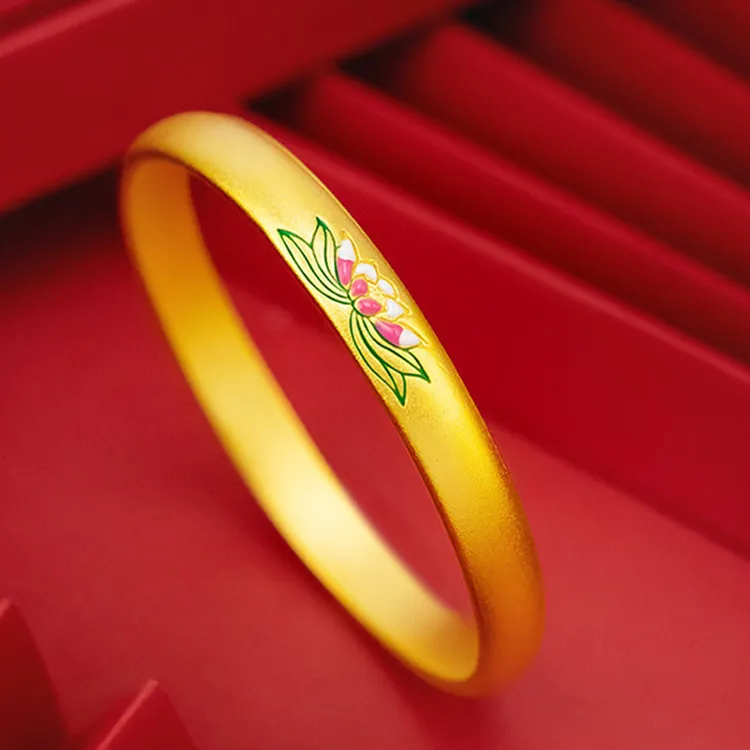 铜合金珐琅手镯 彩莲手镯女黄金色滴釉烧蓝莲花古法传承素圈手环