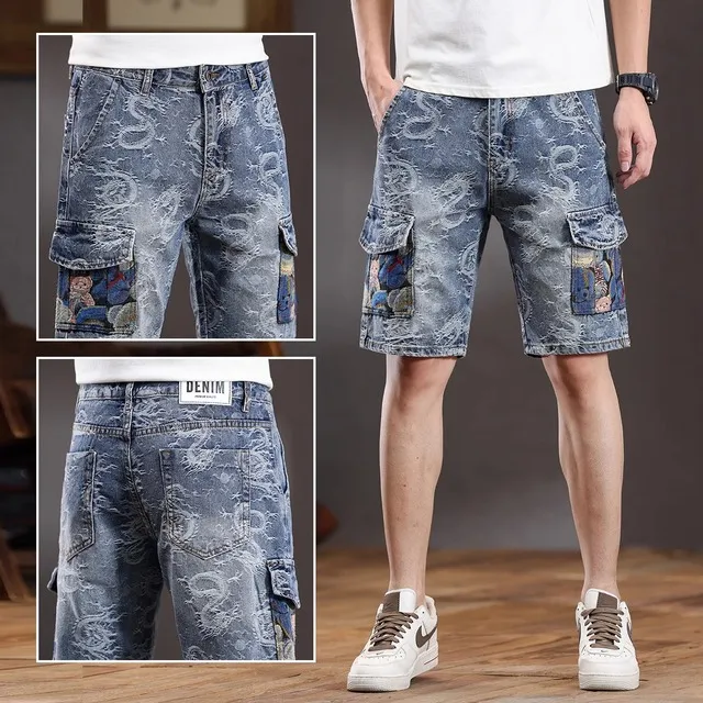 香港新中式印花工装牛仔短裤男宽松直筒潮流中国风五分裤夏季薄款