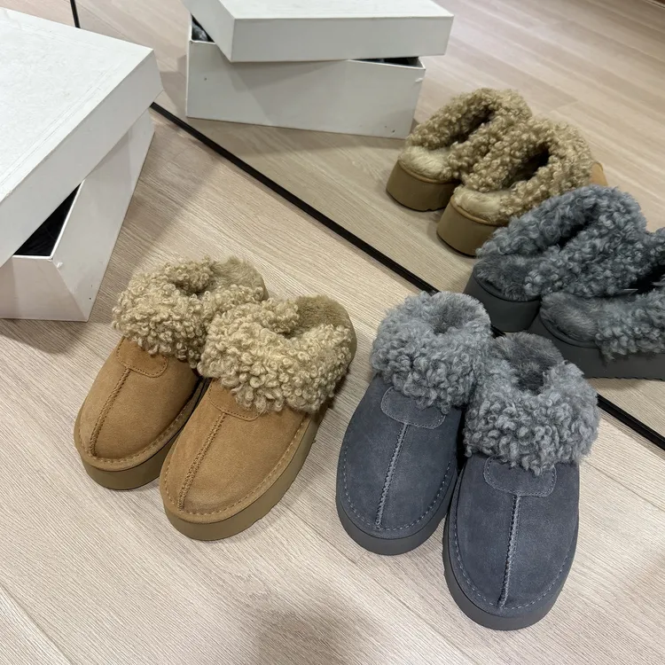 卷毛星拖~厚底泰迪毛毛拖鞋室外增高懒人家居包头拖保暖加厚棉鞋
