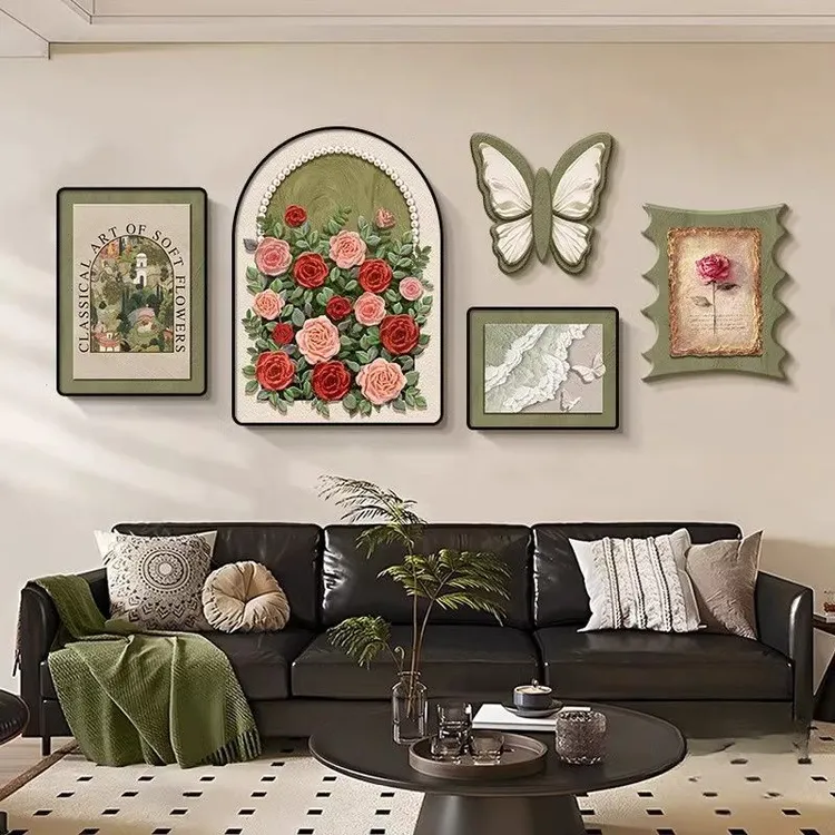 客厅装饰画蝴蝶玫瑰沙发背景墙壁画法式复古奶油风组合五联849