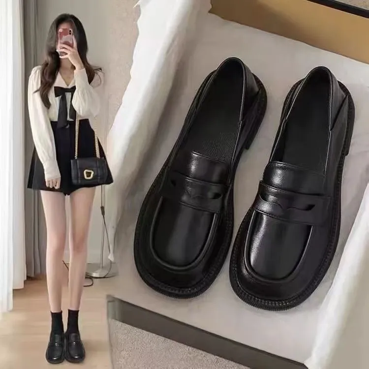 黑色小皮鞋女2025春秋新款圆头平底单鞋英伦风百搭乐福鞋