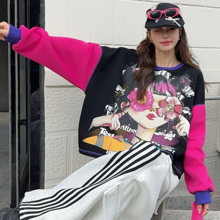 女秋季长袖甜妹图案宽松型印花街头风卫衣时尚重工拼色上衣