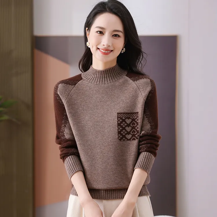 冬款加厚长袖半高领拼接提花撞色时尚套头宽松女毛衣针织衫阔太太