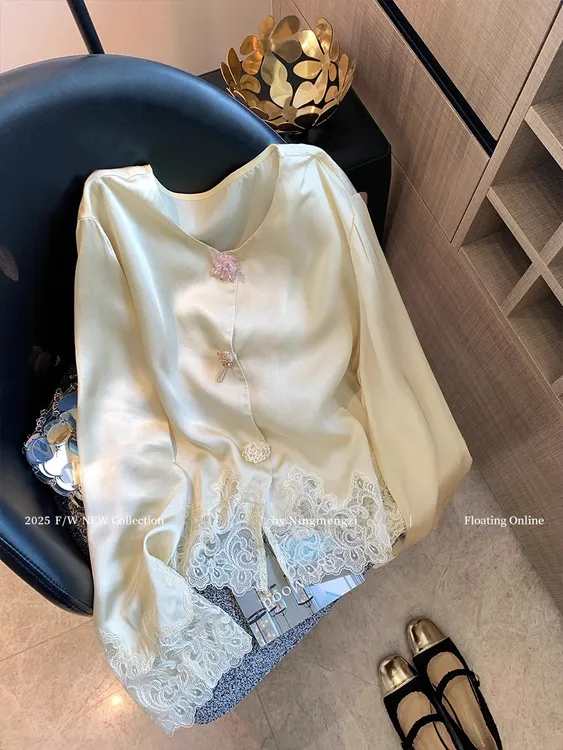 新中式蕾丝醋酸钉珠长袖衬衫女装2025秋季新款国风静奢设计感上衣