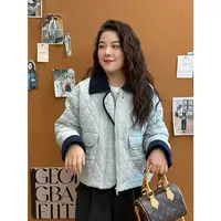 WenWen小个子2025冬装新款韩版拼色翻领菱形纹加棉加厚短外套2272