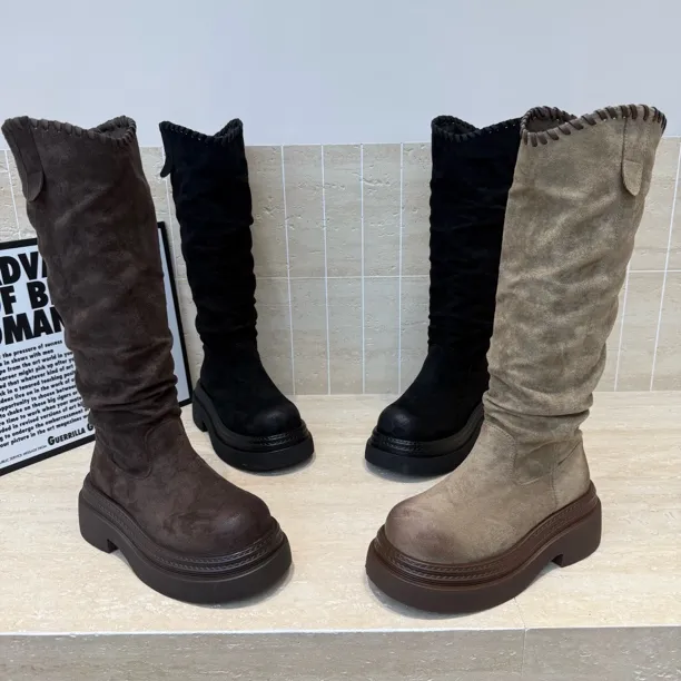 朵，新款时尚圆头堆堆褶磨砂绒高筒长靴舒适百搭洋气套筒