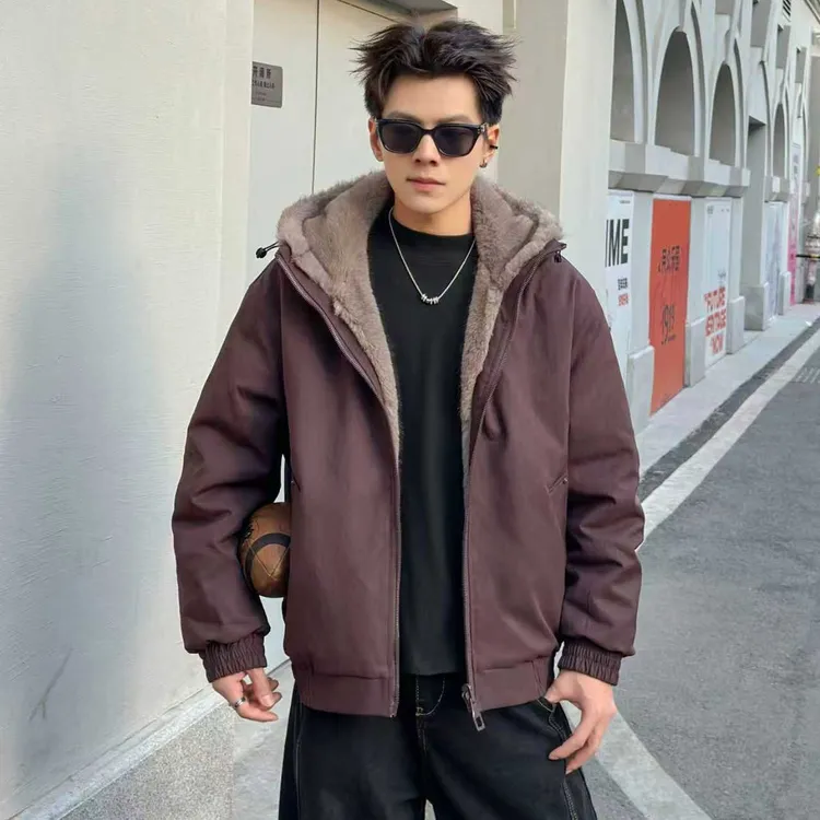 实体店加绒座山雕连帽双面穿时尚百搭加厚短款保暖外套男款冬季