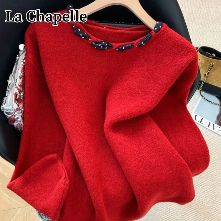 拉夏贝尔秋冬圆领系带蝴蝶结套头针织衫洋气百搭宽松显瘦内搭毛衣