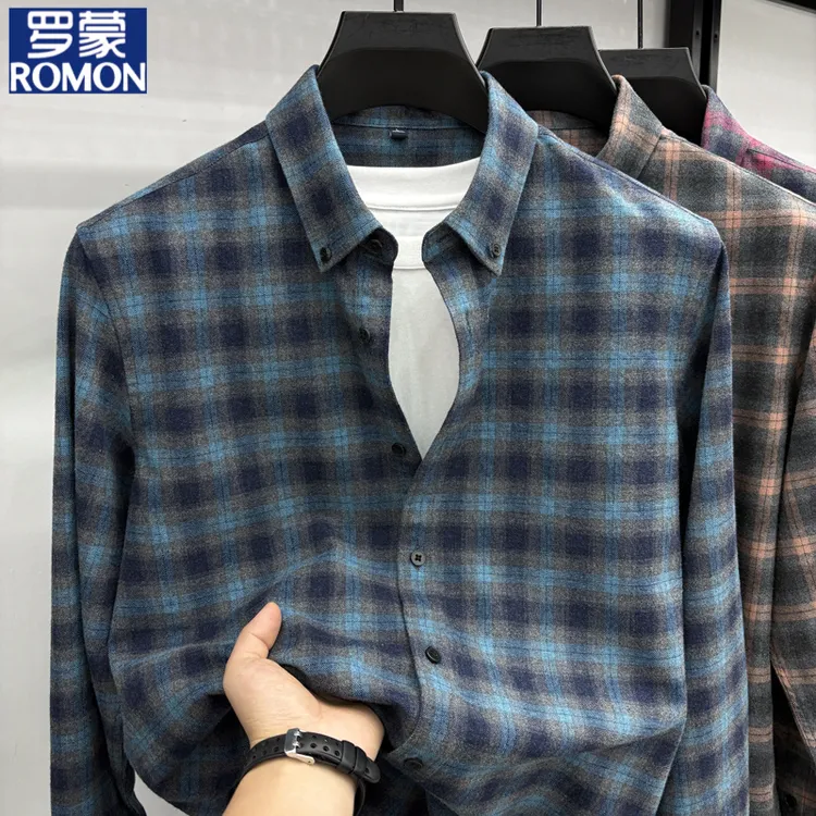 罗蒙100%纯棉秋冬新款男士休闲长袖衬衫百搭格子保暖衬衣外套潮