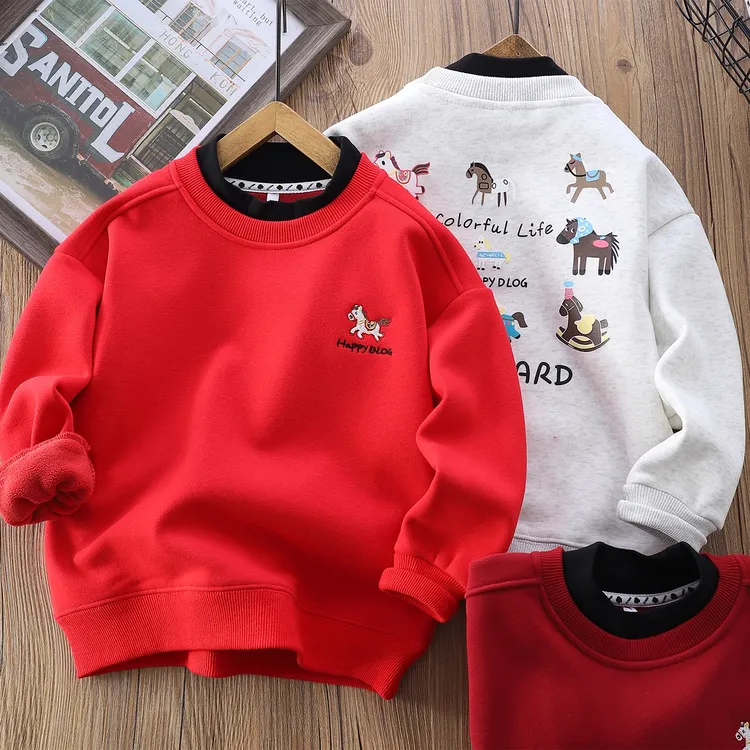 2025儿童红色加绒卫衣男童冬装新款马年拜年服中大童中国风衣服