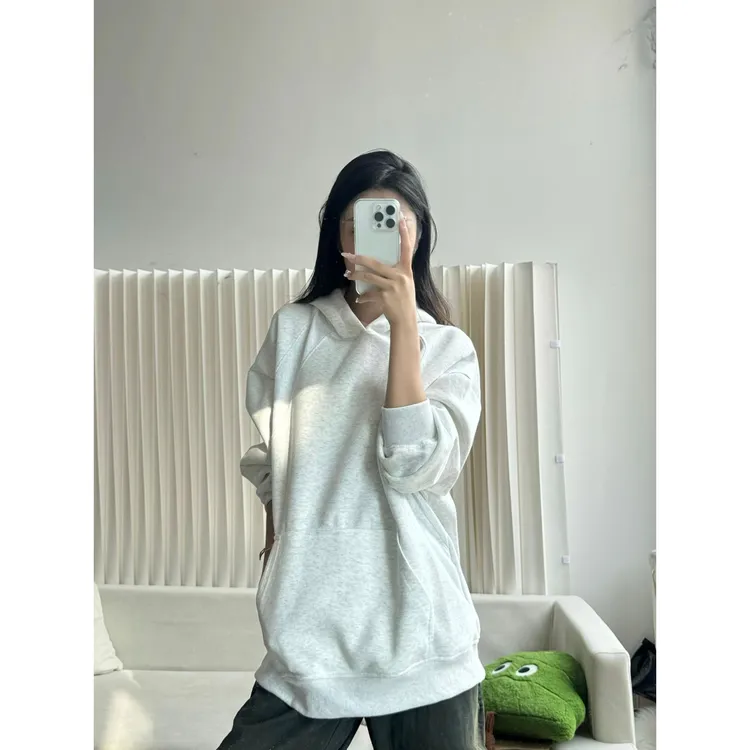 美式重磅无绳纯色连帽卫衣男女秋冬内搭cleanfit连帽情侣宽松上衣