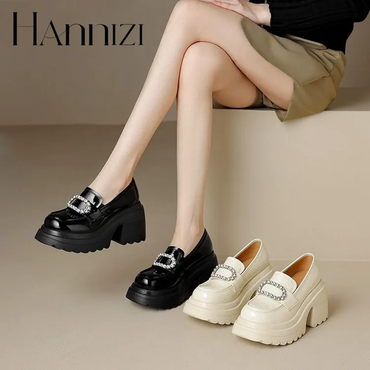 hannizi松糕单鞋2025夏秋新款水钻厚底百搭复古乐福鞋时尚休闲鞋