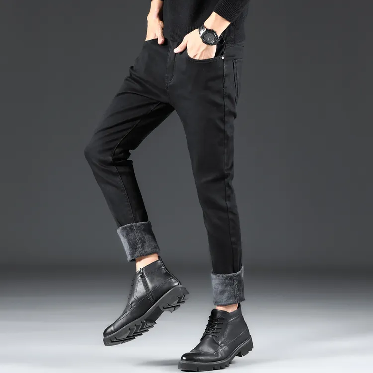 香港真超绒冬季保暖牛仔裤男加绒加厚修身直筒百搭弹力小脚裤冬天