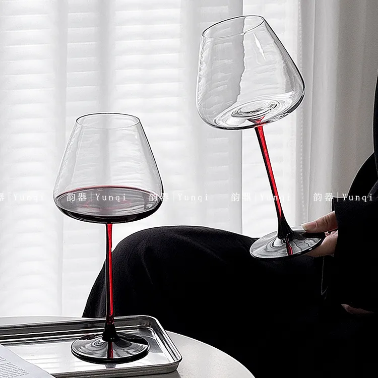 韵器ins红酒杯玻璃杯勃艮第红杆黑底葡萄酒高脚杯轻奢高级感酒杯