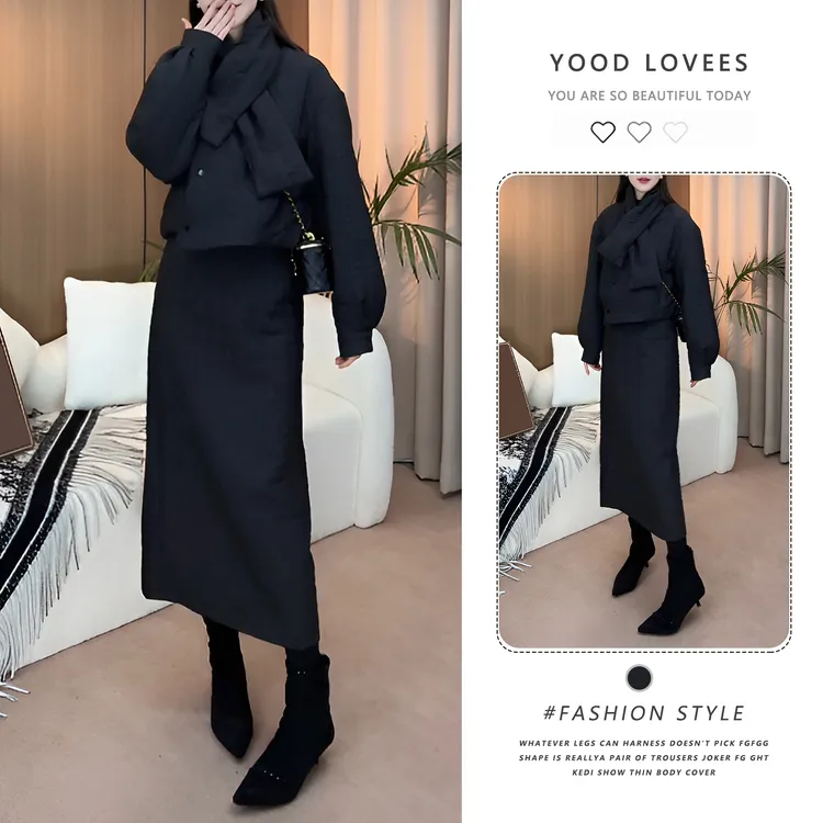 时尚设计宽松显瘦三件套装女秋冬季新款肌理感围巾棉服外套半身裙