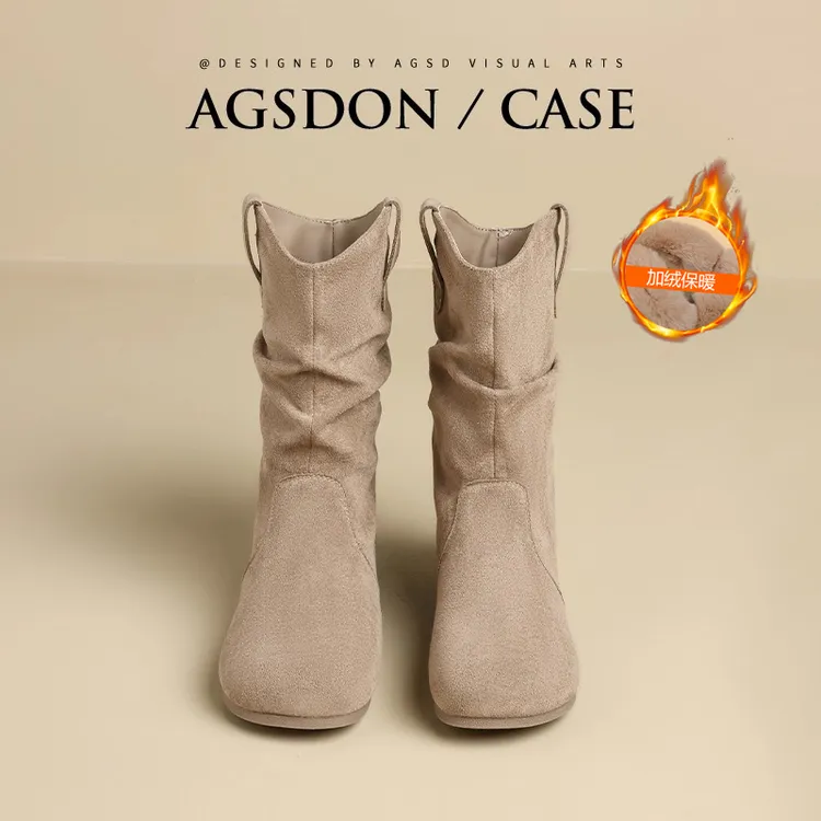 奥古狮登堆堆短靴子女2025新款秋季中筒勃肯加绒马丁靴西部牛仔靴