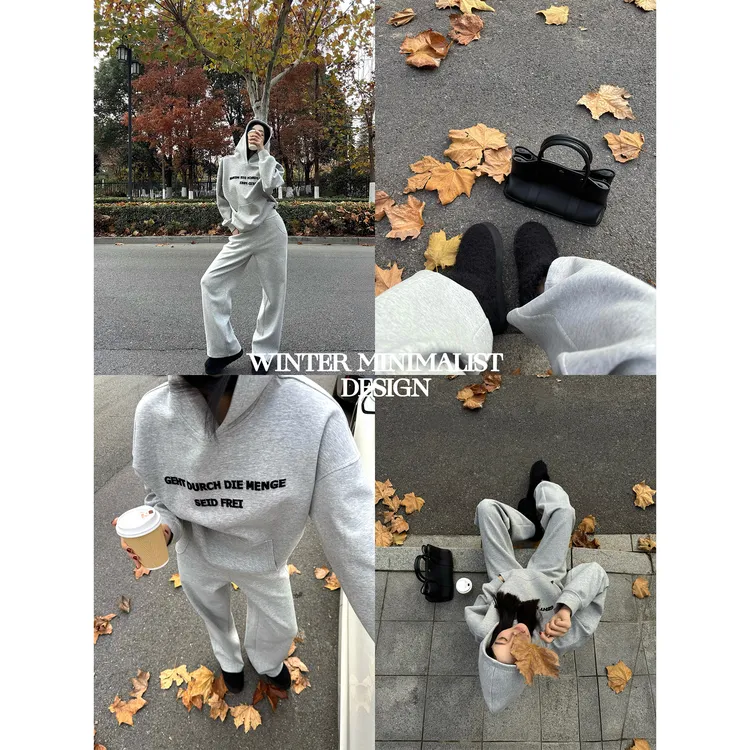 周淼 懒人牙刷绣双面柔绒连帽卫衣宽松卫裤两件套装女ZM25G8889Z