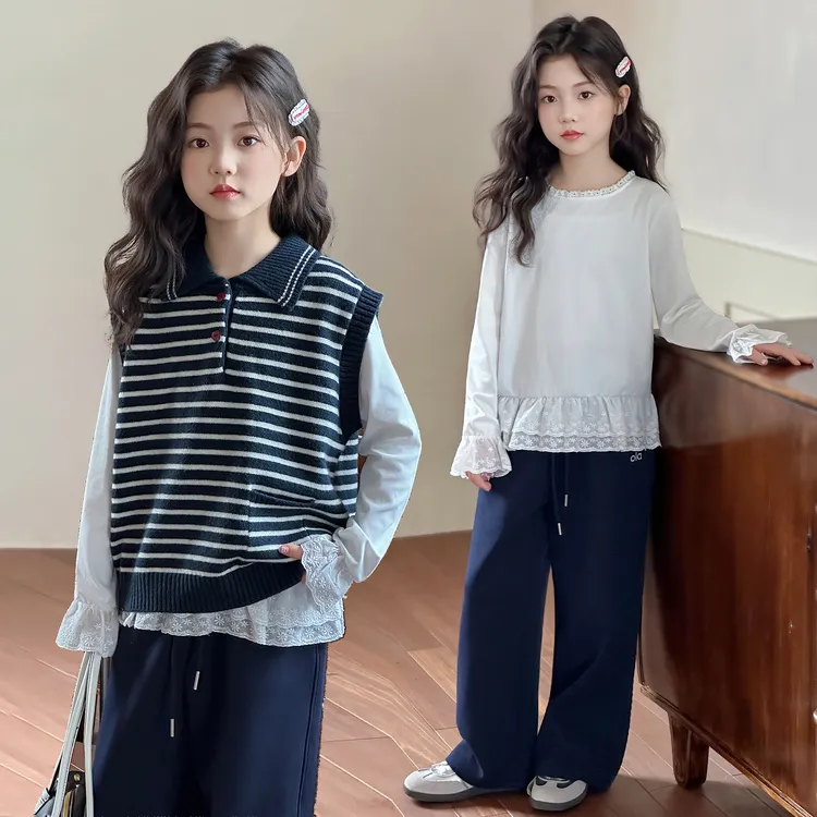 女童秋装【条纹毛衣打底衫两件套】6-12岁中大童春秋款时尚甜美套装