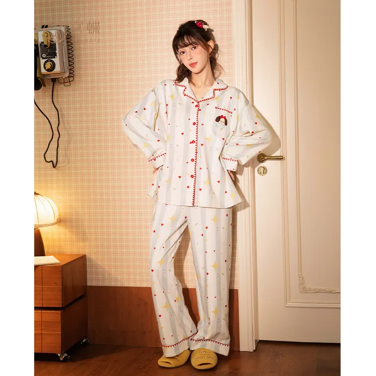 宫蝶【礼盒装】苹果小狗睡衣女秋冬季加厚德绒保暖可爱条纹家居服