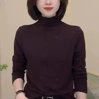 秋季新款半高领烫钻长袖打底衫洋气百搭纯色显瘦修身小衫-7378