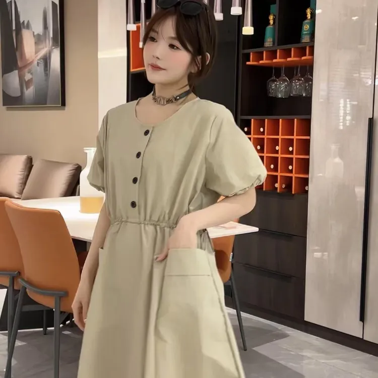 2025韩版单排扣百搭夏季收腰短袖显瘦泡泡袖连衣裙简约56088