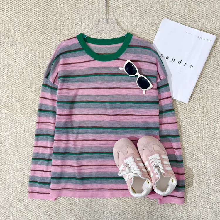 小韩日记【夏日可颂】条纹针织长袖时尚休闲百搭套头韩版圆领K755