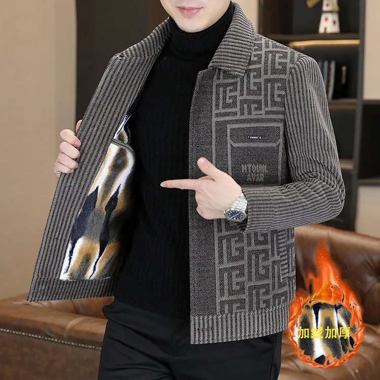 男士秋冬季雪尼尔翻领毛呢夹克外套加绒加厚休闲帅气短款保暖外套