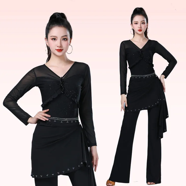 新款舞蹈服装荷叶边钉珠洋气跳舞上衣女吉特巴广场拉丁演出服