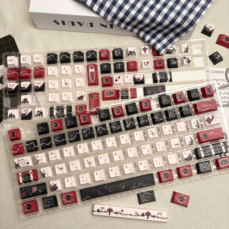 暗花契约暗黑哥特红黑复古玫瑰主题PBT热升华十字轴个性键帽